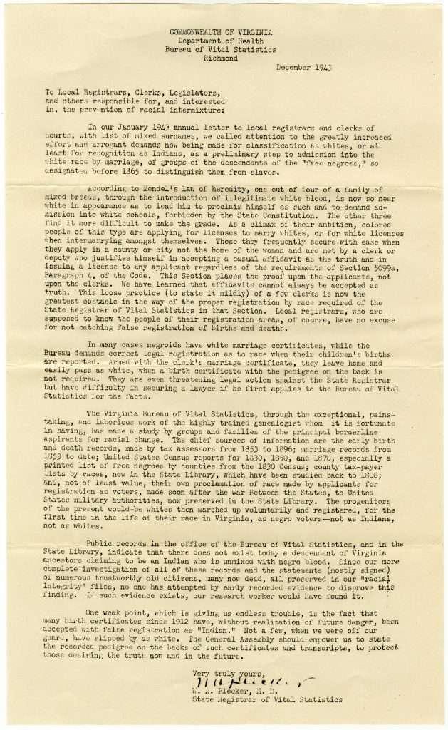 Surnames, by Counties and Cities, of Mixed Negroid Virginia Families Striving to Pass as “Indian” or White by Walter A. Plecker (ca. 1943) ACTUAL COPY OF LETTER