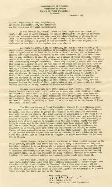 Walter Plecker Asserted that Virginia Indians No Longer Exist, December 1943